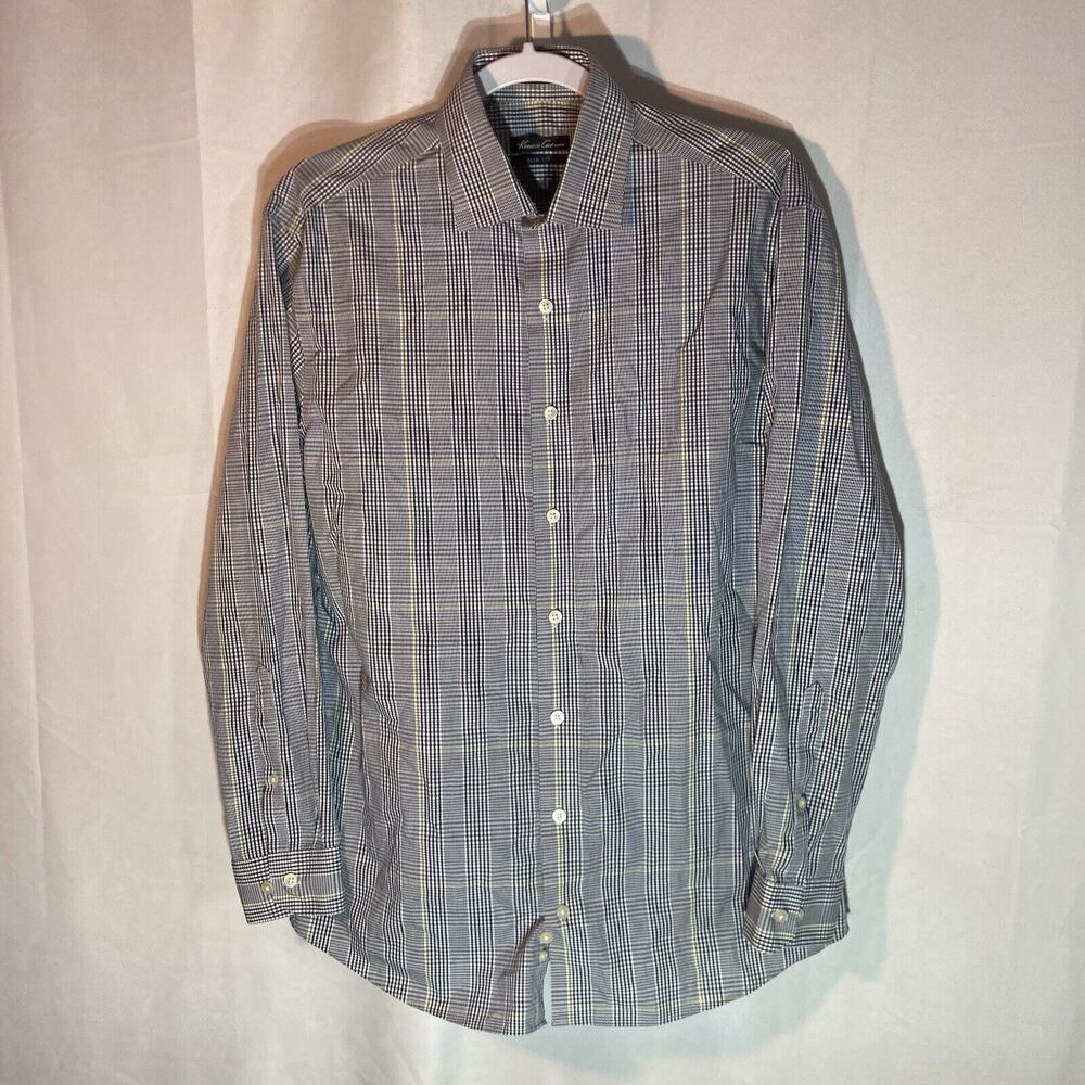 61-8 KENNETH COLE blue gingham slim fit non iron button up shirt 15 1/2 32/33